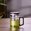 Taza de té Oficina Taza de té verde Taza para preparar té para hombres Filtro separador de agua y té Taza de cristal Hogar Mango de madera Taza de media luna