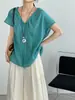Esa es la Blusa de Estilo Coreano con Cuello en V Suave y Atar para Mujer, Hecha de Algodón y Lino, Top Ligero de Manga Corta para Verano, H6873