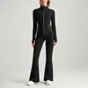 Conjunto de yoga de doble cara cepillado estilo Lulu para mujer, chaqueta con cremallera dorada, conjunto de pantalones de tiro alto que levantan los glúteos y microacampanados
