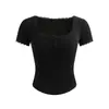 Camiseta de Manga Corta con Escote en U y Ribete de Encaje Estilo Chica Picante para Mujer, Nueva de Verano 2026 Ajustada con Almohadillas Extraíbles en el Pecho