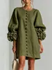 Vestido de Diseño Nicho Transfronterizo con Puños Florales Grandes Tridimensionales, Falda Recta, Mangas Largas de Farol, Botones Decorativos de Una Sola Fila, Vestido Casual