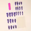 Uñas Postizas Removibles Manicura Parche Polvo Suelto Blanco Leche Degradado Morado Líneas Irregulares Puntiagudas Largas