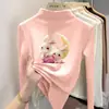 Blusa estampada quente e fofa de outono e inverno para meninas DeRong, segunda pele com gola alta, camisa de manga comprida escovada para bebês e crianças
