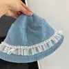 Sombrero de Pescador de Mezclilla con Cinta de Encaje de Perlas de Hada Súper Nuevo para Mujer Otoño Sombrero de Cubo Simple Versátil Sombrero de Pescador Moderno