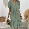 Ropa de Otoño Europea 2026 para Mujer Temperamento Elegante Moda Estilo Neutro Manga Corta Solapa Cárdigan Color Sólido Vestido Largo