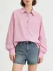 Camisa Listrada Rosa Estilo Francês Retrô Xingge para Mulheres, Manga Longa, Primavera 2026, Estilo Solto e Relaxado, Adequada para Camadas