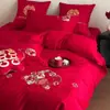 Conjunto de cama de noiva de algodão de fibra longa de dupla torção 50S, roupa de cama de noiva bordada em algodão puro, capa de edredom vermelha jacquard, presente no atacado