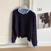 Cardigan Tricot Patchwork Borda Franzida Color Block Estilo Suave Coreano, Novo Design Outono e Inverno, Suéter Versátil e Elegante para Mulheres