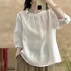 Estilo Novo Chinês Retrô Verão 2026 Algodão Linho Gola Redonda Camisa Solta Estilo Old Money Feminino Pulôver Top Cinza Branco