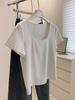Camiseta de manga curta roxa de berinjela branca! Verão Gola Quadrada Francesa Elegante Slim Fit Pequena Cor Sólida Algodão Camiseta para Mulheres