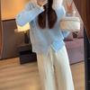 Milk Fufu Suéter Abrigo para Mujer Otoño e Invierno Estilo Lazy Cárdigan de Punto con Capucha y Cremallera Azul Suave Cera Cuello de Lana