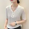 26 Verano Nuevo Estilo Lino Perlado Acanalado Simple Moda Versátil Cuello Solapa Manga Corta Tejido de Punto Trenzado Top para Mujer