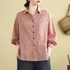 Foto Real de Camisa de Algodão com Listras Verticais de Manga Longa Macia e Confortável para Mulheres 2025 Nova Coleção de Primavera Top Artístico Emagrecedor para Mulheres