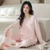 Pijama de Primavera y Otoño Estilo Otoño para Mujer Set de Algodón Puro Manga Larga 2025 Nuevo Cardigan Kimono Ropa de Casa Cómoda Sensación de Alta Gama