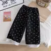 Calça Casual Grossa Forrada com Fleece Outono e Inverno para Meninas, Moda Coreana Casual com Laço Bolso de Renda Quente Calça Longa