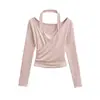 Top Dulce y Elegante de Cuello en U Cruzado Halter Hombros Descubiertos para Niñas, Camiseta de Manga Larga Estilo Falso Dos Piezas Fruncida, Camiseta Base Ajustada