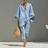 Conjunto de Lino Estilo Old Money Transfronterizo Europeo y Americano, Conjunto de Dos Piezas con Top Holgado de Manga Murciélago con Cuello en V y Pantalones Jogger, Algodón Casual