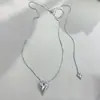 Colar com Pingente de Coração com Laço de Diamante Prata para Mulheres Ins Doce Cool Sexy Corrente Longa para Suéter Acessórios de Alto Padrão