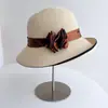 Sombrero de Cubo Floral Retro con Cinta para Mujer de la Era de la República de China, Sombrero de Paja de Verano para Protección Solar con Parte Frontal Floral Plisada y Ala Enrollada, Moderno