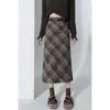 Saia Plaid de Lã Feminina 2026 Outono/Inverno Cintura Alta Linha A Bodycon Fenda Longa Plaid com Cinto