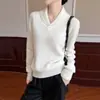 Suéter de tricô 100% lã estilo francês com decote V para mulheres, design moderno com gola de lapela, camada base quente para outono e inverno