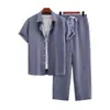Conjunto de Camisa de Manga Corta de Lino Sintético para Hombre, Conjunto de Dos Piezas con Pantalones Rectos Finos, Ropa Transpirable Casual de Verano para Hombre, Suministro de Fábrica