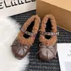 Versão em couro macio~Estilo coreano feminino retrô versátil de corte baixo com fivela única bico redondo salto escondido versátil confortável quente sapatos de pelúcia