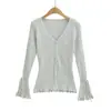 T404-26 Cardigan de Punto para Mujer, Estilo Coreano de Otoño, Corte Delgado, Fresco, Dulce, Cuello en V, Liso, Calado, Manga Campana, Manga Larga, Ropa de Abrigo