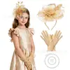 Bestseller transfronterizo guantes de encaje de princesa para niños, tocado de malla con plumas, sombrero para festival de carreras de caballos, set de tocados para fiesta