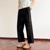 Calça masculina cropped preta casual leve, cintura elástica, estilo chinês primavera/verão, algodão-linho respirável, solta, reta para homens