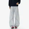 Calça casual esportiva de outono, calça masculina estilo americano com costura aparente, novo modelo resistente de corte solto, tamanho grande, corte reto com cores contrastantes