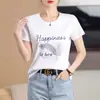 Moda feminina gola redonda estampa quente pena algodão manga curta camiseta solta casual primavera e verão algodão mercerizado plus size manga curta