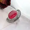 Joyería de Plata Nafuge al por Mayor Incrustada con Corindón Rojo Sintético Anillo de Plata de Ley 925 Anillo de Plata Abierto Ancho Vintage Elegante