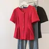 Camiseta de Manga Corta Irregular con Cuello en V Estilo Francés Talla Grande para Verano, Nuevo Estilo que Oculta la Barriga y Luce Delgado, Top Base Elegante
