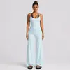 Conjunto de yoga transfronteiriço para mulheres, top esportivo sem mangas com gola halter color block, aparência de duas peças, cós dobrável, conjunto de calças compridas para corrida e fitness