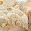 Conjunto de Cama Quatro Peças Rosa Xadrez Estilo Coreano Renda Creme Menina Algodão Lavado Cobertor Dupla Camada de Gaze Conjunto de Lençol com Elástico de Três Peças para Dormitório
