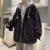 Chaqueta de Mezclilla para Hombre Otoño e Invierno Falsa de Dos Piezas Casual Estudiante Marca de Moda Atractivo con Capucha Holgada Ropa de Mezclilla