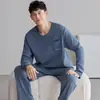 Pijama coreano de algodón puro para hombre, de manga larga y pantalón largo, para otoño e invierno, 100% algodón, cuello redondo, casual, corte holgado, adecuado para usar fuera de casa, conjunto para el hogar