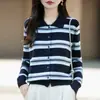 Nuevo Cárdigan de Punto Fino con Solapas de Lana para Otoño/Invierno 2026, Manga Larga, para Mujer, Bloque de Color, Rayas, Holgado, Top Versátil