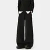 Calça de moletom larga estilo americano com costura dividida para homens e mulheres, cinza com cordão na cintura elástica, fluida, comprimento no chão, calça longa casual solta