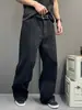 Pantalones Casuales Rectos Negros-Grises Lavados y Desgastados Estilo Retro Americano para Hombre, Holgados, Costuras en Contraste, Largo hasta el Suelo, Nuevas Llegadas de Otoño