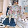 Conjunto de dos piezas para niña, primavera y otoño 2024, nueva ropa infantil con linda camiseta de muñeca con flores y vaqueros con cuernos