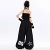 Conjunto de niña para danza jazz: Conjunto de disfraz de actuación con top halter negro superpuesto a pantalones largos, atuendo para actuación de jazz callejero