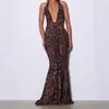 Otoño Nuevo Sexy Escote en V Profundo Cubre Cadera Decoración de Cinta Estampado de Leopardo Halter Elegante Moda Mono Falda Larga Ropa Y2K