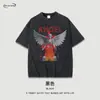 Marca Americana de Moda de Rua Transfronteiriça Camisetas de Manga Curta Estampadas com Caveira de Anjo para Homens e Mulheres Tops de Gola Redonda com Lavagem Pesada e Efeito Desgastado