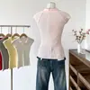 Top de Malha Fina Manga Curta Estilo Coreano Slim Fit Versátil Novo Verão 2025 com Gola Dobrável para Mulheres