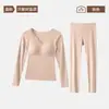 Roupa Térmica Feminina de Lã com Decote em V de Renda, Novo Estilo Outono e Inverno, com Bojos, Camada Interna, Patch de Veludo Alemão, Top e Calça Térmicos