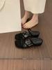 Pantuflas de estilo hada francés con tiras cruzadas, punta cuadrada y punta abierta para verano para mujer, hermosas sandalias de gamuza con tacón pequeño grueso de 3 cm