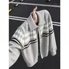 Suéter cárdigan de patrón de diamantes gris claro para hombre, otoño, retro americano, estilo Fair Isle, holgado, estilo old money, tejido