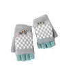 Luvas de Ciclismo Versáteis Estilo Coreano com Tampa Dobrável para Outono e Inverno para Estudantes, Luvas Sem Dedos Checkerboard com Orelha de Urso, Luvas Quentes com Tampa Dobrável de Dedo Dividido